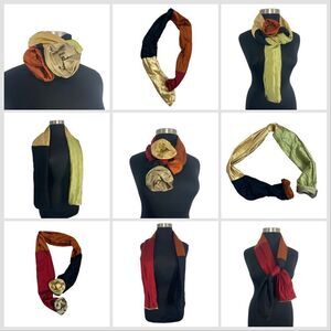 Xiao Magic Multi Colored Silk Scarf Art to Wear Lagenlook NWOT Red Orange Black